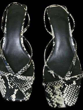 H&M Black and White Snake-Print Strappy Sandals